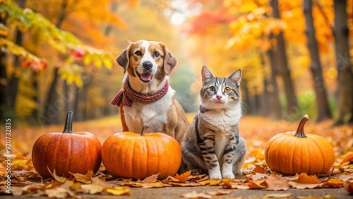 Happy cat and dog on autumn background with pumpkin