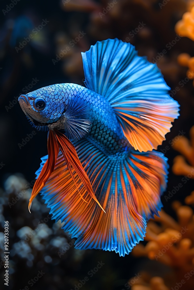 Blue Betta fish with vibrant fins, gracefully swimming against a deep black background Blue Betta fish with vibrant fins, gracefully swimming against a deep black background