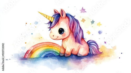 Cute and whimsical of a chibi style unicorn playing with a vibrant rainbow in a watercolor painting style set against a clean white background