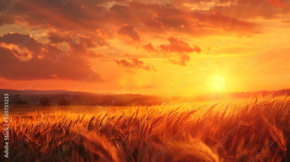 A digital artwork of rolling wheat fields bathed in the warm light of a setting sun, vibrant orange sky, detailed and tranquil, capturing the serene and calming beauty of the countryside, hd quality, A digital artwork of rolling wheat fields bathed in the warm light of a setting sun, vibrant orange sky, detailed and tranquil, capturing the serene and calming beauty of the countryside, hd quality,