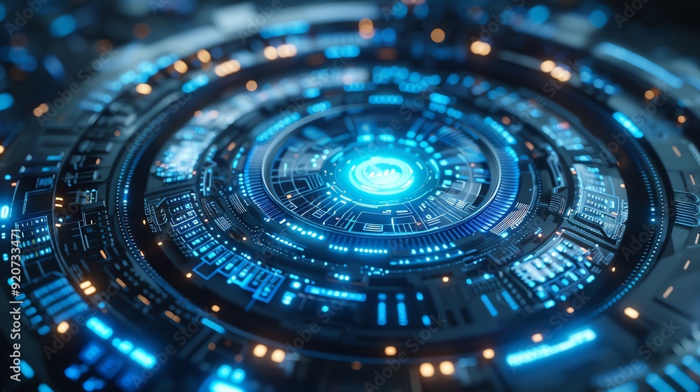 Futuristic digital interface, glowing blue circular design, techinspired, dark background