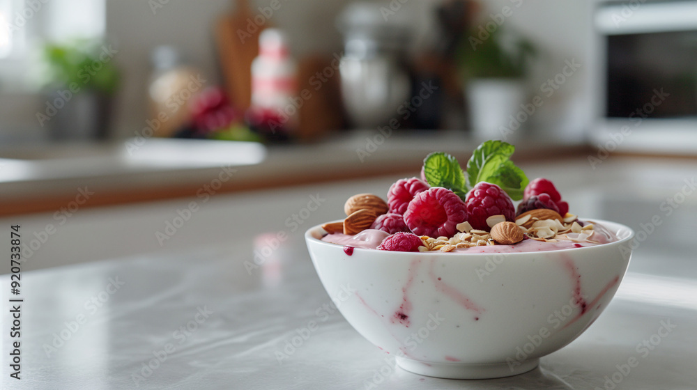 a classic yogurt smoothie bowl, featuring plain Greek yogurt blended with berries, topped with fresh raspberries, almonds, and a drizzle of maple syrup, placed on a sleek, modern kitchen counter a classic yogurt smoothie bowl, featuring plain Greek yogurt blended with berries, topped with fresh raspberries, almonds, and a drizzle of maple syrup, placed on a sleek, modern kitchen counter