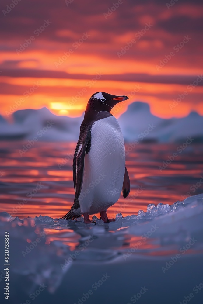Fototapeta premium Penguin standing on icy landscape at sunset, serene and colorful sky, peaceful moment