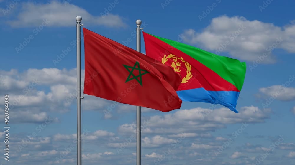 Eritrea and Morocco flags flying together, video concept of the relationship, two country cooperation concept Eritrea and Morocco flags flying together, video concept of the relationship, two country cooperation concept