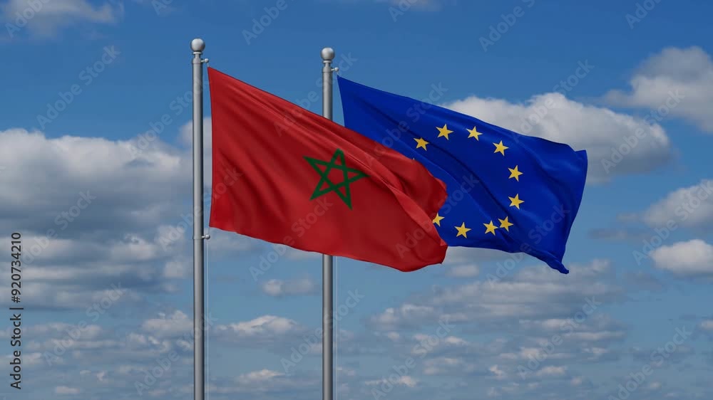 European Union and Morocco flags flying together, video concept of the relationship European Union and Morocco flags flying together, video concept of the relationship