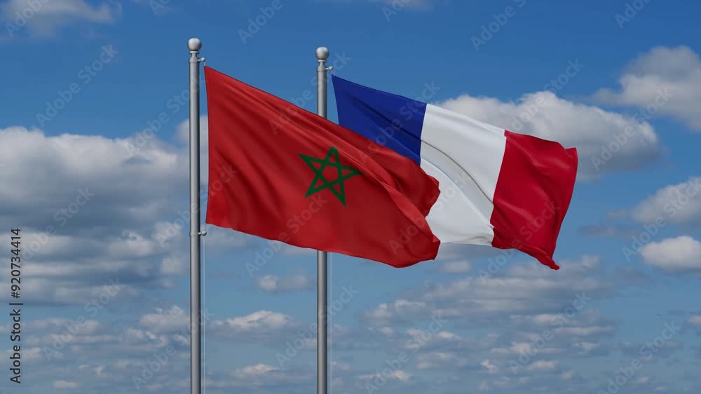 France and Morocco flags waving together, video concept of the relationship, two country relations concept France and Morocco flags waving together, video concept of the relationship, two country relations concept