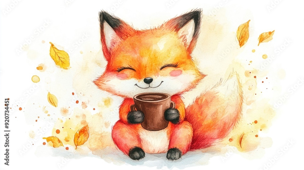 Adorable chibi style fox character sipping a hot cup of rich chocolate in a whimsical watercolor against a clean white background for a cozy and playful feel Adorable chibi style fox character sipping a hot cup of rich chocolate in a whimsical watercolor against a clean white background for a cozy and playful feel