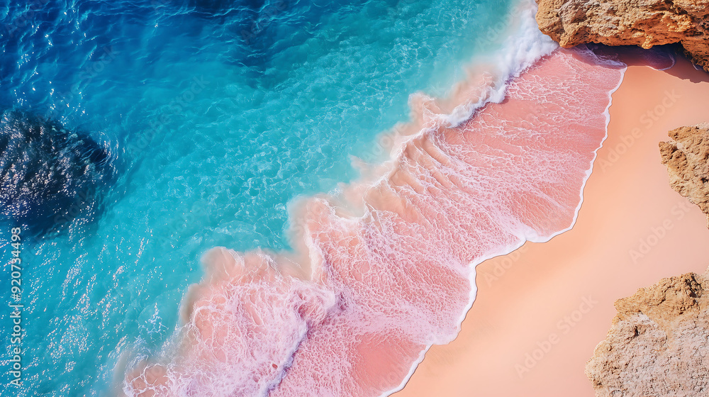 Obraz premium Tropical pink beach with waves. Aerial view of the beach ocean,Coral beach, internet celebrity beach