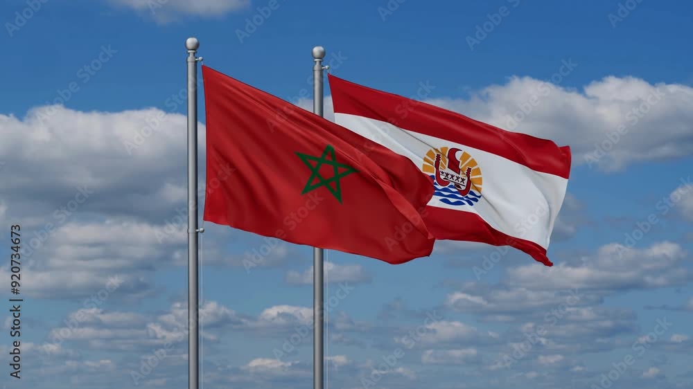 French Polynesia and Morocco flags flying together, video concept of the relationship, two country relations concept French Polynesia and Morocco flags flying together, video concept of the relationship, two country relations concept