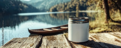 Can glass with no label on a wooden table at a lakeside cabin, with a rowboat and calm water, Product Mockup, Peaceful Retreat