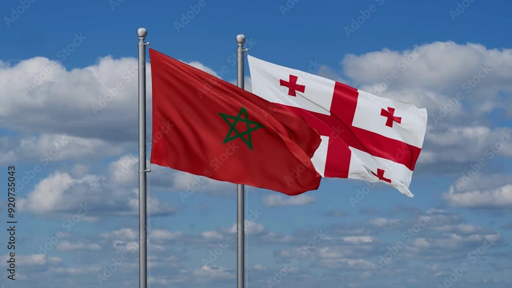 Georgia and Morocco flags flying together, video concept of the relationship, two country relations concept Georgia and Morocco flags flying together, video concept of the relationship, two country relations concept
