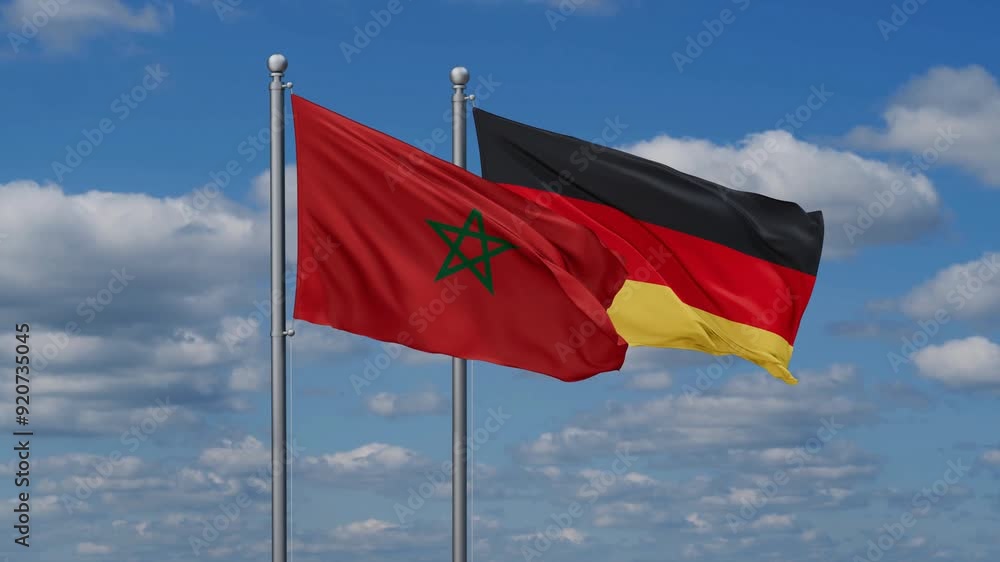Germany and Morocco flags flying together, video concept of the relationship, two country relations concept Germany and Morocco flags flying together, video concept of the relationship, two country relations concept
