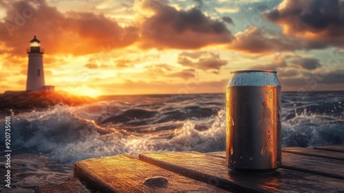 Unlabeled can glass on a wooden table by a lighthouse, with crashing waves and dramatic skies, Product Mockup, Coastal Drama photo