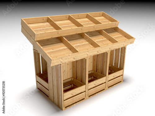 Fototapeta Naklejka Na Ścianę i Meble -  3d illustration display rack box food beverages wood construction stand booth for kiosk sell market street portable movable. Image background isolated.