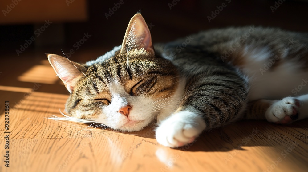 Sleepy cat basking in sunlight on wooden floor Sleepy cat basking in sunlight on wooden floor