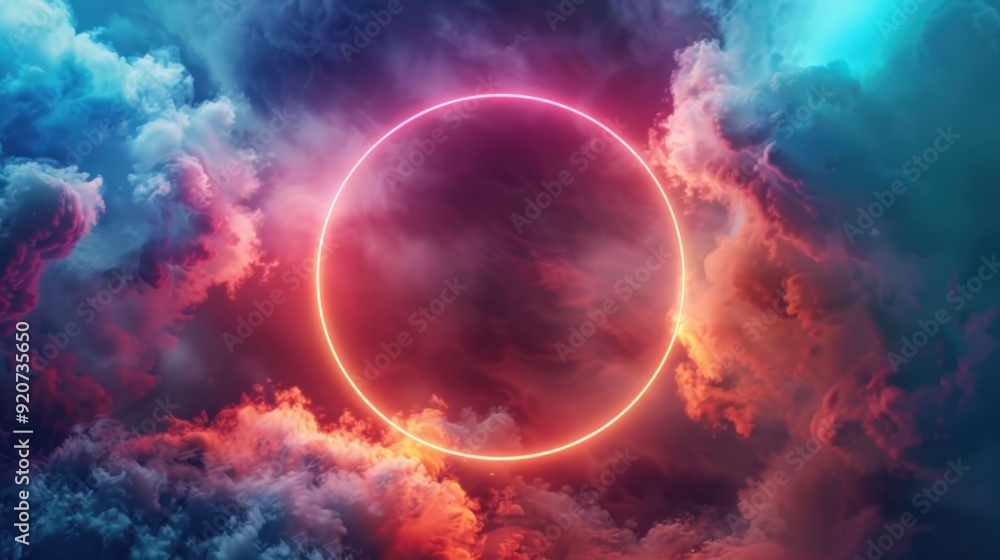 A vibrant, glowing circular outline surrounded by colorful, swirling clouds in shades of pink, purple, and blue A vibrant, glowing circular outline surrounded by colorful, swirling clouds in shades of pink, purple, and blue