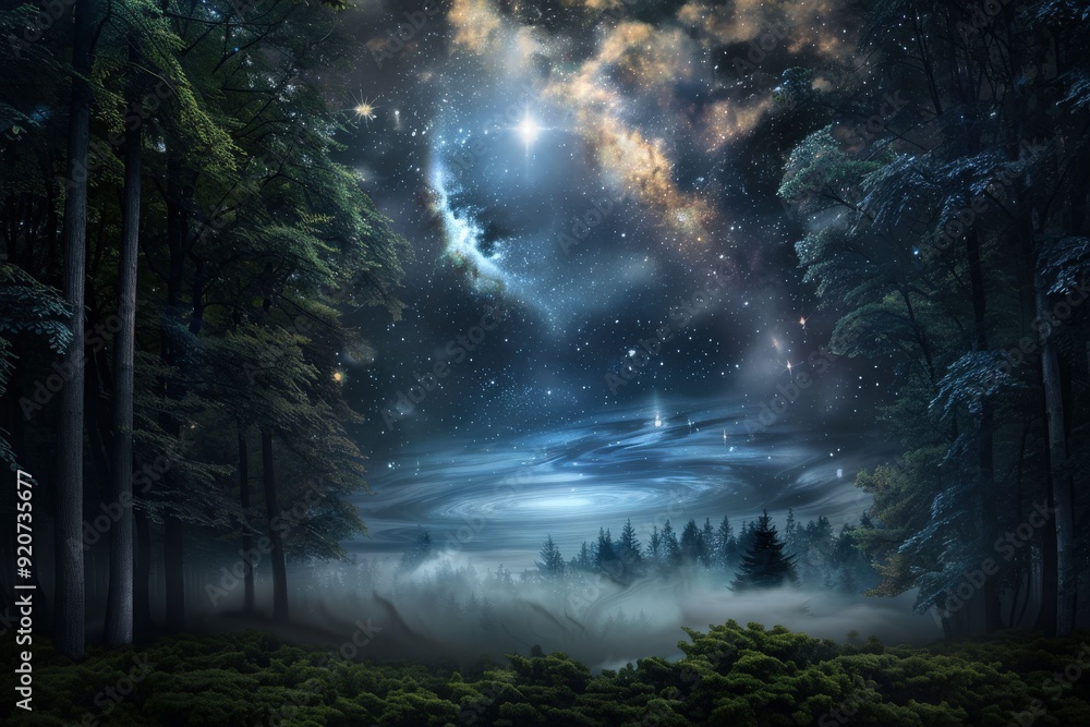 Fototapeta premium Milky Way sphere orbits planet in abstract black background pattern Water drops on the planet in the dark, close-up. . Beautiful simple AI generated image in 4K, unique.
