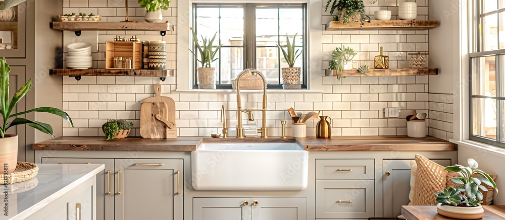 A bright and airy kitchen with open shelving a farmhouse sink and subway tile backsplash The space is complemented by brass fixtures and natural wood accents A bright and airy kitchen with open shelving a farmhouse sink and subway tile backsplash The space is complemented by brass fixtures and natural wood accents