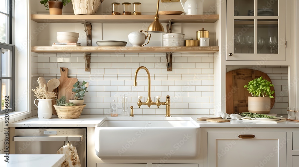 A bright and airy kitchen with open shelving a farmhouse sink and subway tile backsplash The space is complemented by brass fixtures and natural wood accents A bright and airy kitchen with open shelving a farmhouse sink and subway tile backsplash The space is complemented by brass fixtures and natural wood accents