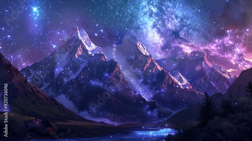 Wallpaper Mural A digital artwork of towering snow-capped mountains with a winding river, under a starry night sky with the Milky Way visible, ethereal and magical atmosphere, detailed and crisp, Torontodigital.ca