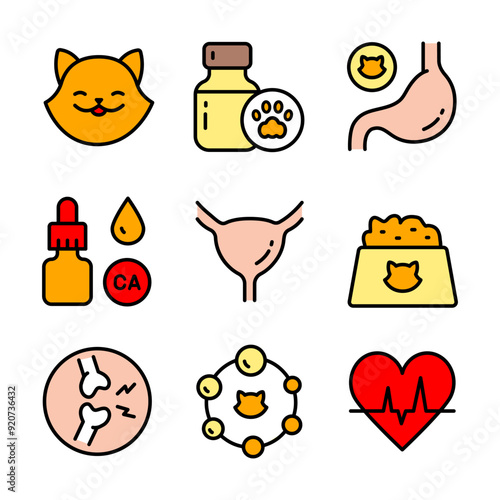 Pets vitamins color icons set. Different types of cats medicine, vitamins and supplements. Simple vector icons for ui and ux, website or mobile application.