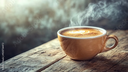 Steaming coffee cup on rustic wooden table with sunlight photo