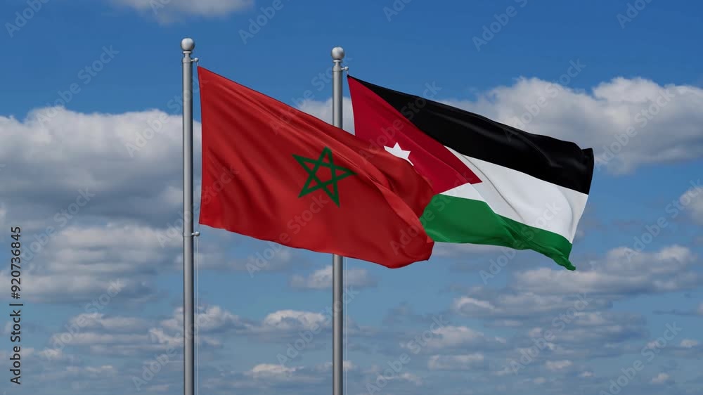 Jordan and Morocco flags flying together, video concept of the relationship, two country relations concept Jordan and Morocco flags flying together, video concept of the relationship, two country relations concept