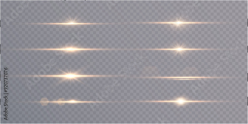 Set of shining bright golden horizontal light effects PNG isolated on dark background, glare, lines, golden light particles. Set of vector lines for web design