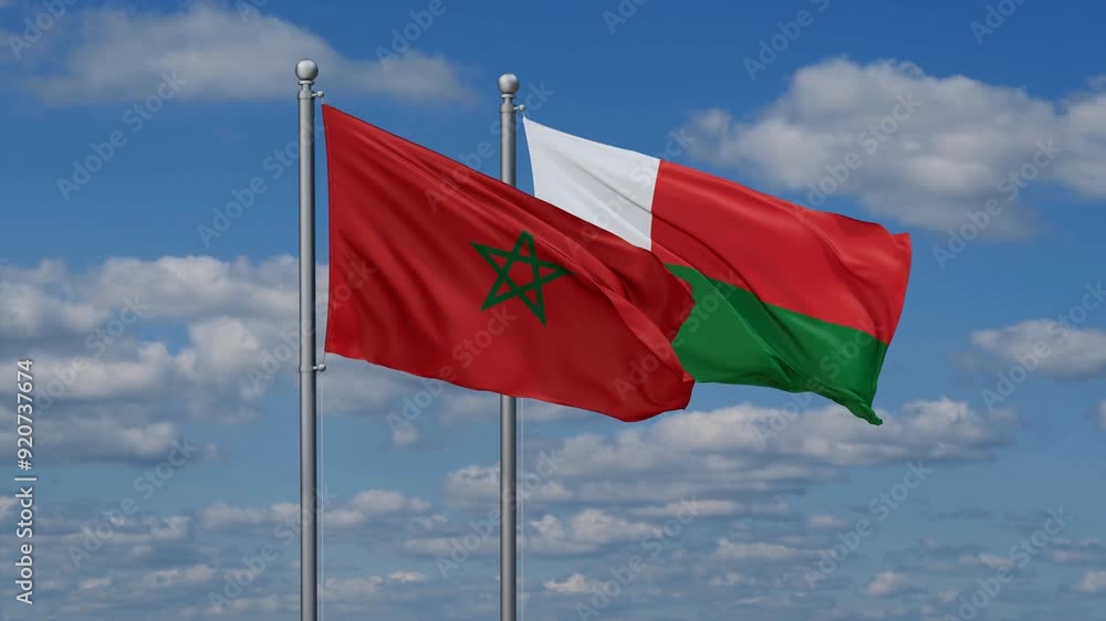 Madagascar and Morocco flags flying together, video concept of the relationship, two country relations concept Madagascar and Morocco flags flying together, video concept of the relationship, two country relations concept