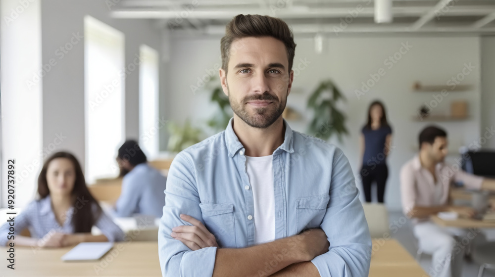 Portrait of a handsome man standing with his arms crossed in a modern office room. Portrait of a handsome man standing with his arms crossed in a modern office room.