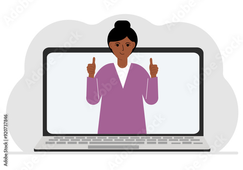 Woman communicates via videoconference through laptop screen. The concept of online meetings, webinars, remote work or work from home. Flat vector illustration