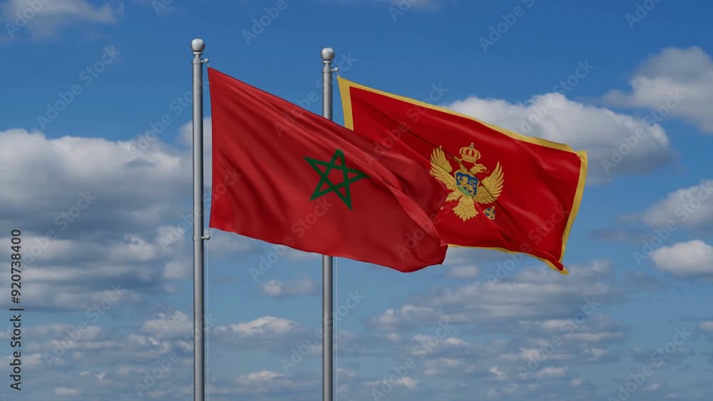 Montenegro and Morocco flags flying together, video concept of the relationship, two country cooperation concept Montenegro and Morocco flags flying together, video concept of the relationship, two country cooperation concept