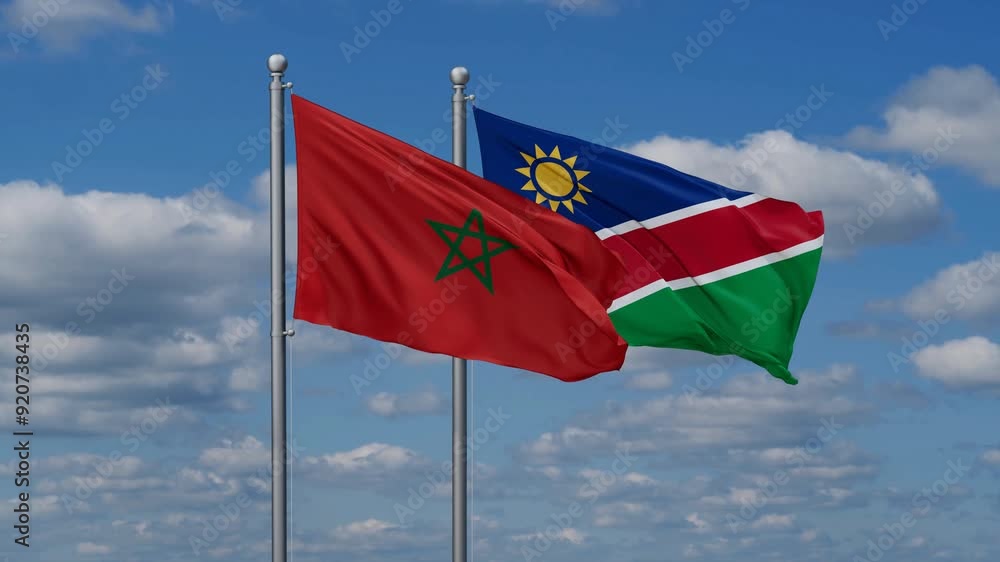Morocco and Namibia flags flying together, video concept of the relationship, two country relations concept Morocco and Namibia flags flying together, video concept of the relationship, two country relations concept