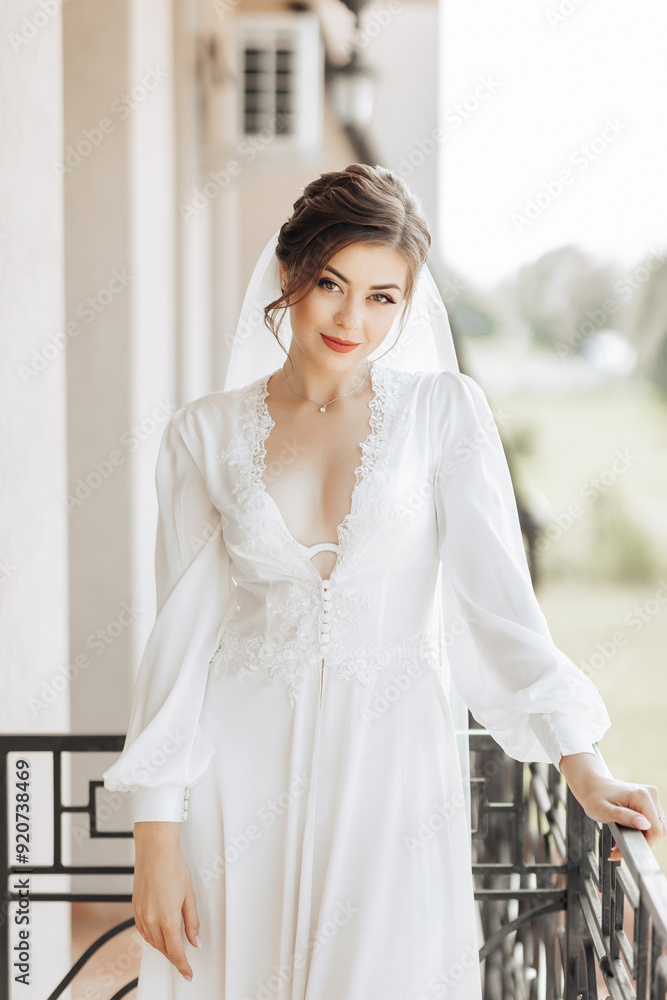 A woman in a white dress is standing on a balcony. She is wearing a veil and a necklace A woman in a white dress is standing on a balcony. She is wearing a veil and a necklace