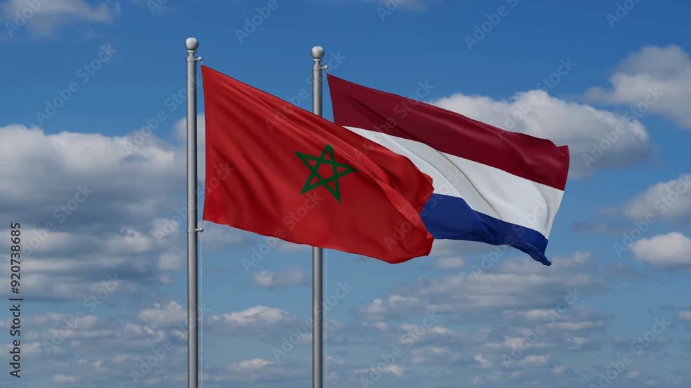 Netherlands and Morocco flags flying together, video concept of the relationship, two country relations concept Netherlands and Morocco flags flying together, video concept of the relationship, two country relations concept