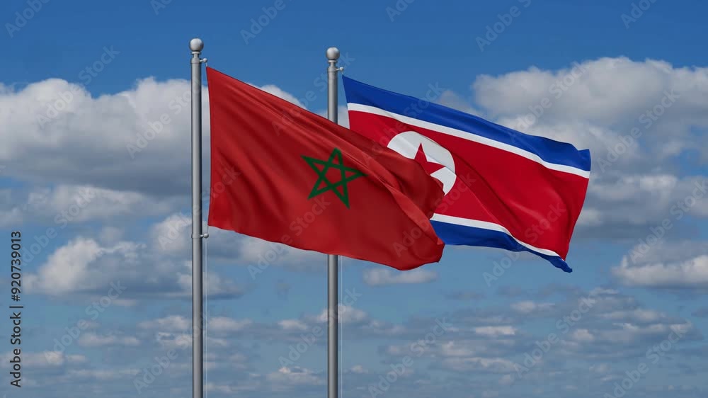 North Korea and Morocco flags flying together, video concept of the relationship North Korea and Morocco flags flying together, video concept of the relationship