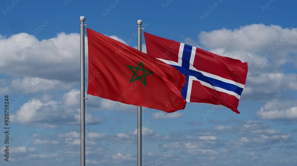 Norway and Morocco flags flying together, video concept of the relationship, two country relations concept Norway and Morocco flags flying together, video concept of the relationship, two country relations concept