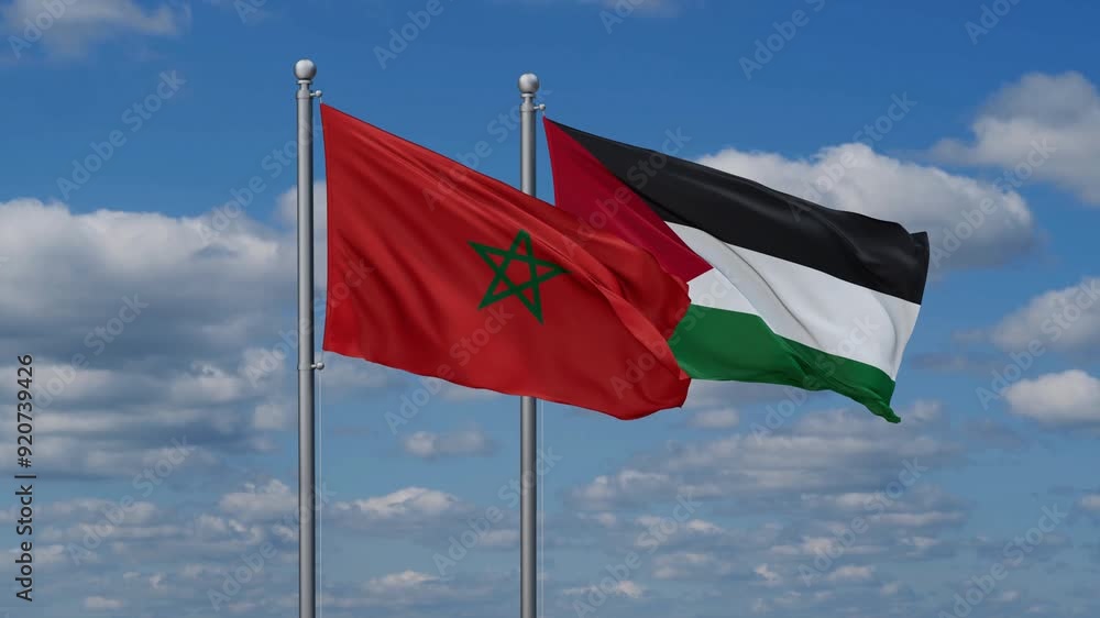 Palestine and Gaza Strip and Morocco two flags waving together on blue , video concept of the relationship Palestine and Gaza Strip and Morocco two flags waving together on blue , video concept of the relationship