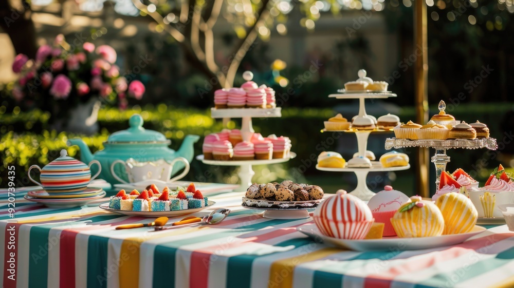 Naklejka premium high tea setup enhanced by wide-striped table linens, blending the elegance of afternoon tea with the playful spirit of the circus