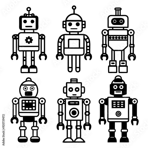 A collection of black and white robots displayed on a plain white background