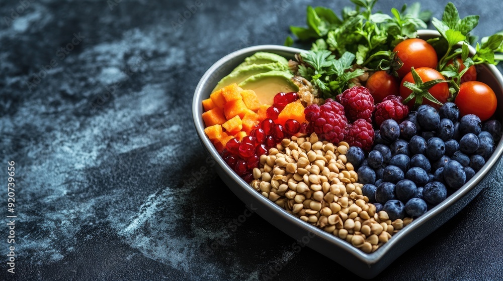 A balanced diet concept with a heart-shaped bowl filled with nutritious foods, showcasing a variety of fresh and colorful ingredients. A balanced diet concept with a heart-shaped bowl filled with nutritious foods, showcasing a variety of fresh and colorful ingredients.
