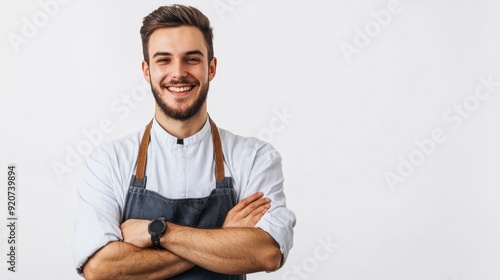 Confident smiling caucasian young man student bartender barista in apron with arms crossed looking at camera isolated in white background. Takeaway food with generative ai