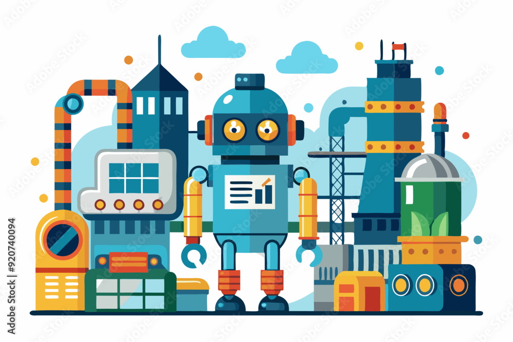 A robot standing in front of a factory in a cartoon illustration A robot standing in front of a factory in a cartoon illustration