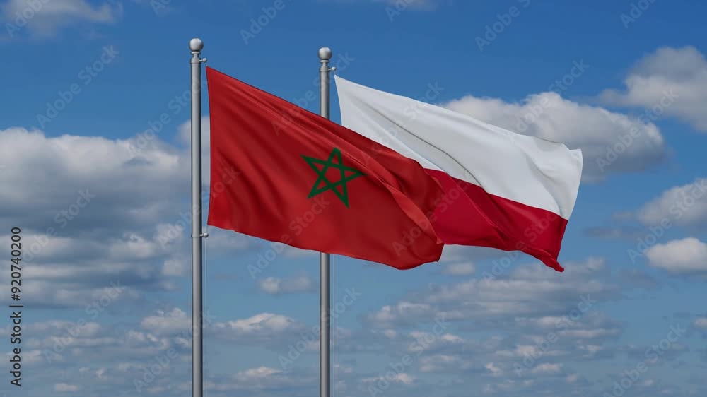Poland and Morocco flags flying together, video concept of the relationship, two country cooperation concept Poland and Morocco flags flying together, video concept of the relationship, two country cooperation concept