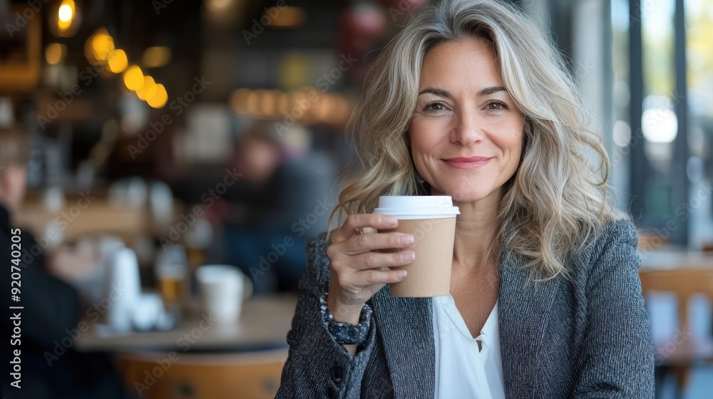 A smiling woman holds a coffee cup at a modern, busy cafe. The warm lighting and comfortable setting create an inviting ambiance, highlighting modern social lifestyle. A smiling woman holds a coffee cup at a modern, busy cafe. The warm lighting and comfortable setting create an inviting ambiance, highlighting modern social lifestyle.