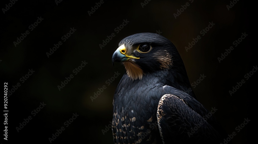 Fototapeta premium Majestic Falcon Portrait: Captivating Wall Art for Sporty Interiors – A Bold Bird with Sharp Beak and Keen Eyes, Perfect for Inspiring Spaces.