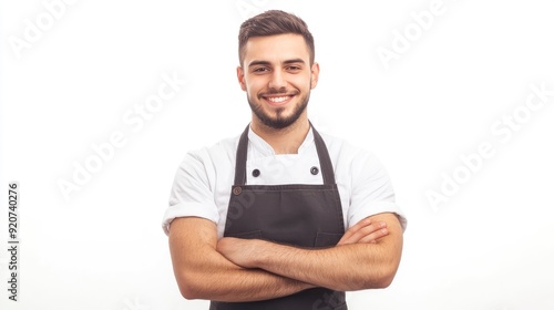 Confident smiling caucasian young man student bartender barista in apron with arms crossed looking at camera isolated in white background. Takeaway food with generative ai