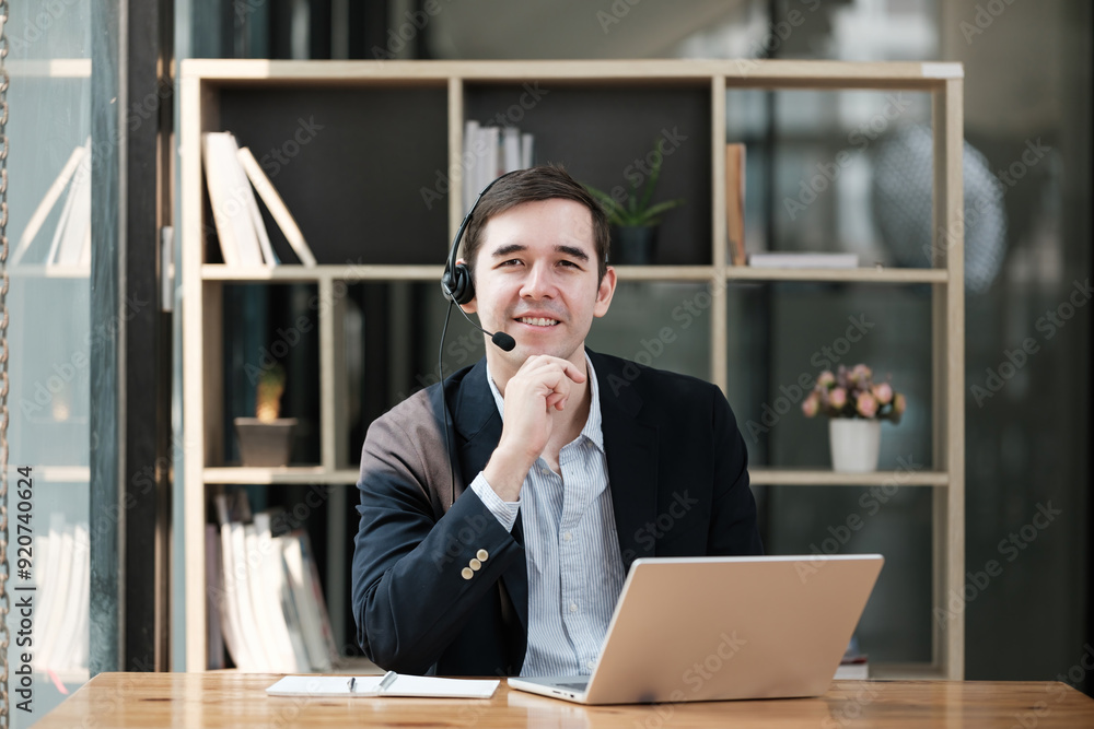 A man wearing a suit and a headset is sitting at a desk with a laptop A man wearing a suit and a headset is sitting at a desk with a laptop
