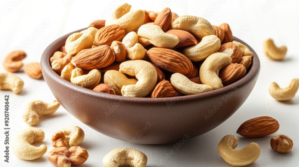A clean white table presents a bowl of mixed nuts, with a handful of cashews carefully arranged nearby, highlighting the natural goodness of these snacks. A clean white table presents a bowl of mixed nuts, with a handful of cashews carefully arranged nearby, highlighting the natural goodness of these snacks.