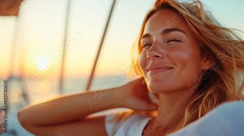 A relaxed woman with windswept hair, seen smiling contentedly as she enjoys a beautiful sunset on a sailboat, with the serene sea stretching out behind her. Free Download A relaxed woman with windswept hair, seen smiling contentedly as she enjoys a beautiful sunset on a sailboat, with the serene sea stretching out behind her. - GFXLoad